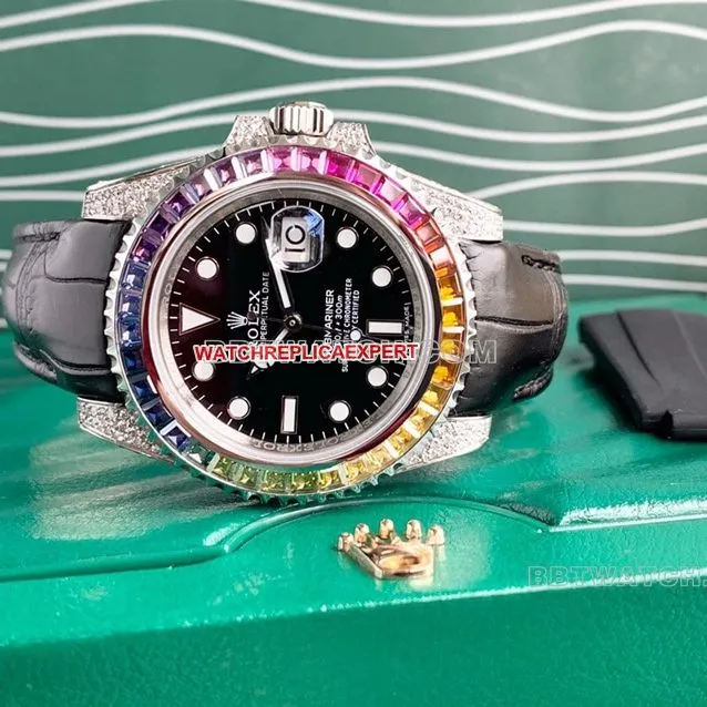 Rolex Submariner super cloneblack dial rainbow diamond bezelleather strap front live photo
