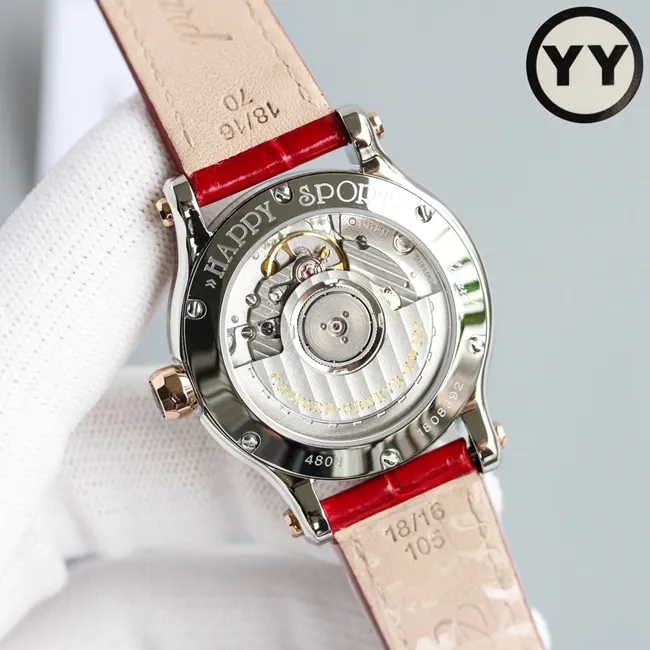 top-tier watch Chopard women's white dial red band happy diamond series leather strap mechanical watch front view
