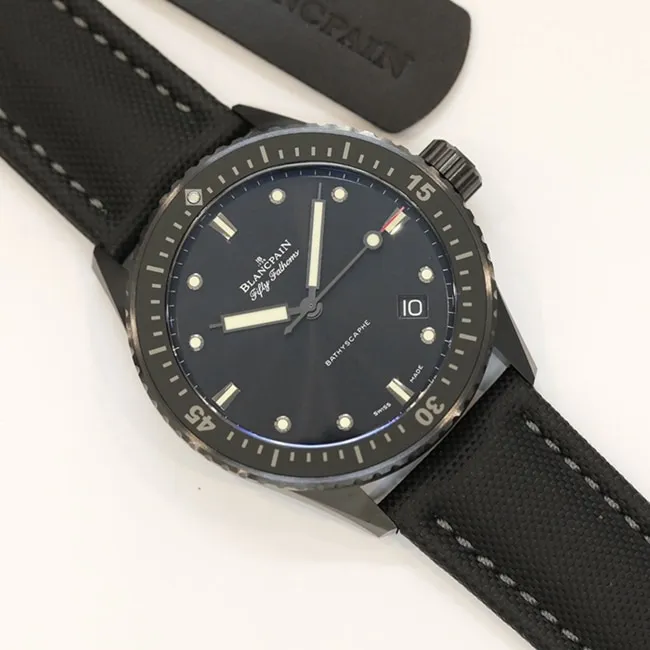 top-tier watch Blancpain men's blue dial nylon strap fifty fathoms automatic movement watch front view