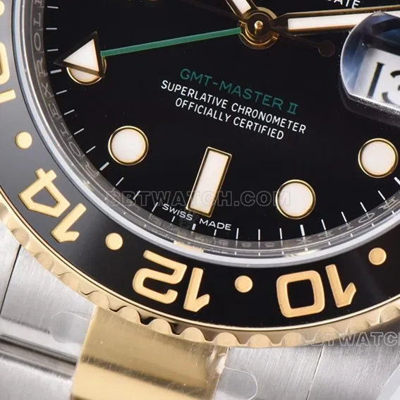 C factory RolexGMT-Master type 1:1super cloneblack dial gold steel bracelet model 116713-LN-78203front live photo