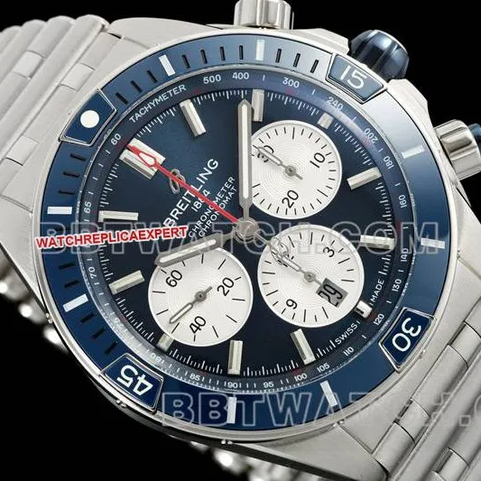 Breitling's collectible watch TF factory mechanical chronograph blue dial 44mm steel bracelet model braceletlive photos