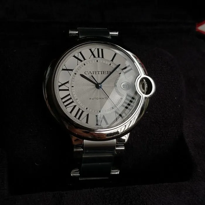 top-tier watch Cartier men's white dial blue balloon series steel bracelet watch side view
