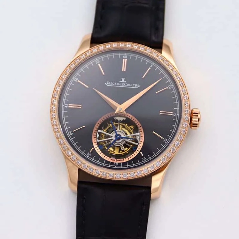Jaeger-LeCoultre master top-tierhigh-quality watch 1662451 series automatic genuine tourbillon men's diamond gold watch black dial watch side view