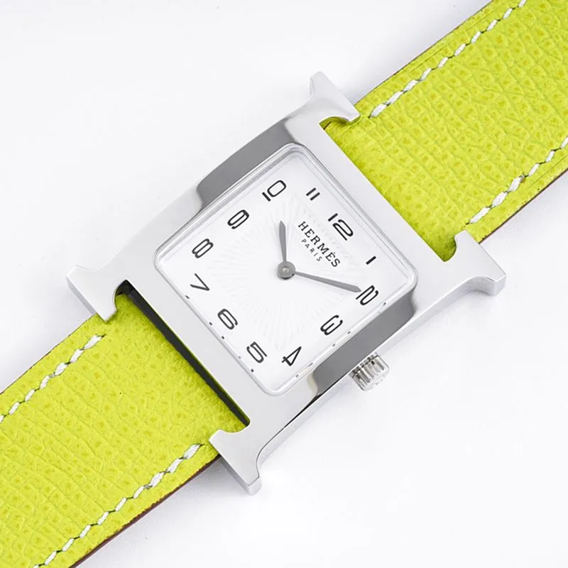 top-tier Hermès ladies' watchHeureH series quartz square fashion watch light yellow braceletwhite dial front view