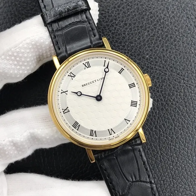 top-tier watch Breguet men's white dial black belt classic series automatic movementleather strap watch front view
