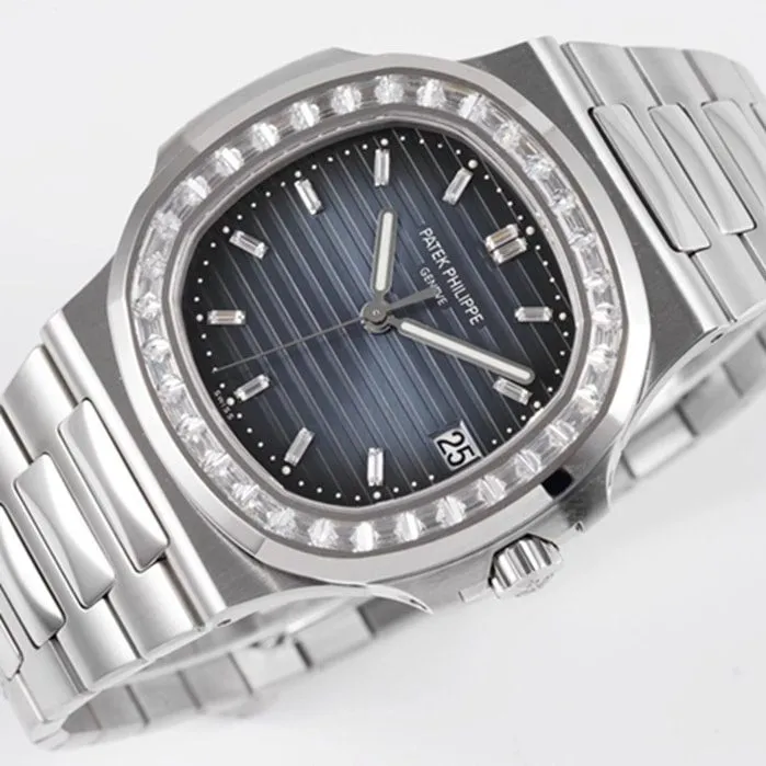top-tier watch Patek Philippe men's blue dialsteel bracelet watch front view