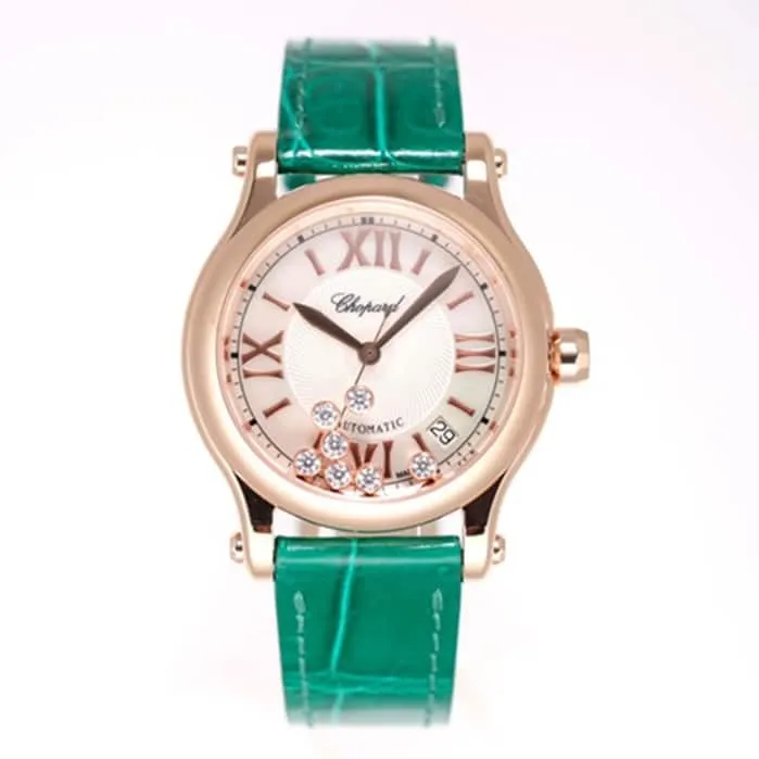top-tier watch Chopard women's white dial green strap happy diamond HAPPY DIAMONDS series watch front view