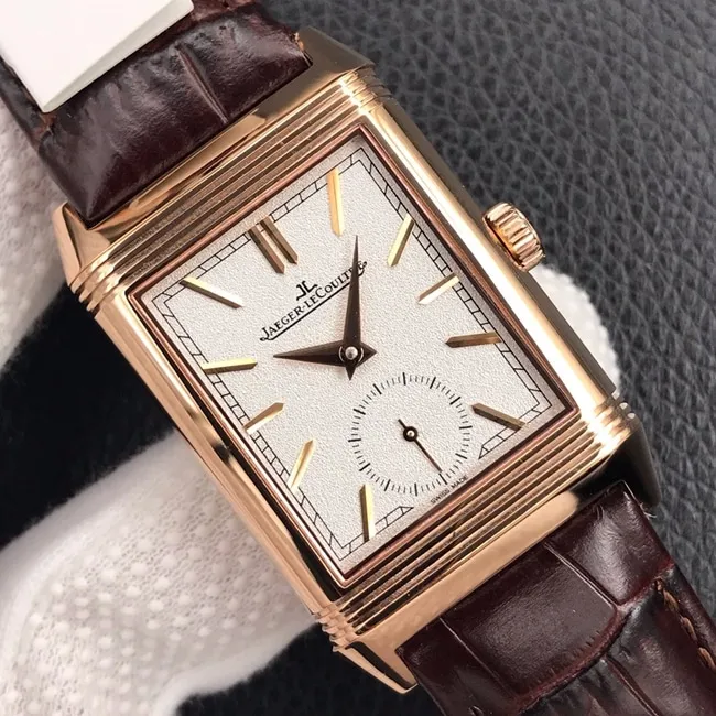 MG factory Jaeger-LeCoultretop-tier watch men's white dial brown belt flip series automatic manual mechanical leather strap watch front view