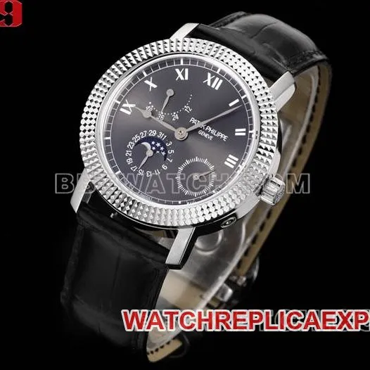 collectible watch complication timepiece V9 FactoryPatek Philippeblack dial leather braceletfront live photo