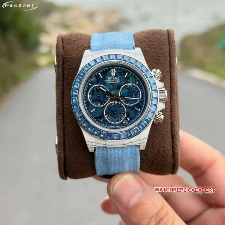 PPMRolexDaytona1:1super blue hollow dialdiamond bezelleather strap model front live photo