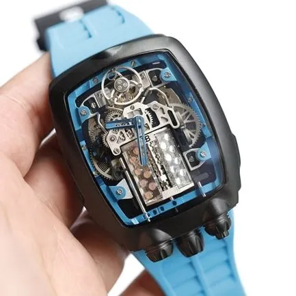 Top-tier Bugatti Veyron watch men's black dial blue rubber strap mechanical watch front view