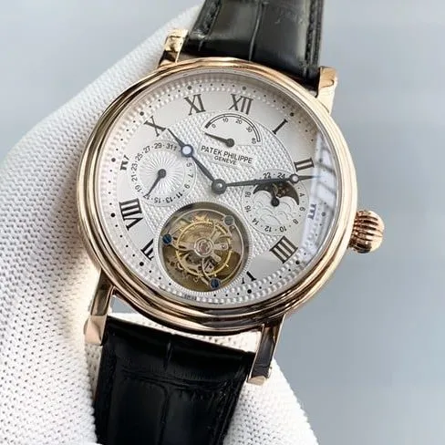 Patek Philippetop-tier watch automatic complex function series tourbillon men's black belt manual mechanical leather strap watch front view