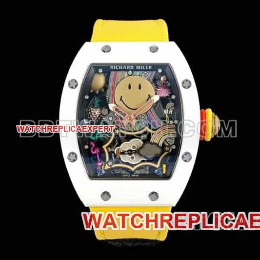 Richard Mille men's top-tier 1:1super smiley tourbillon white shell yellow leather strap model RM 88front live photo