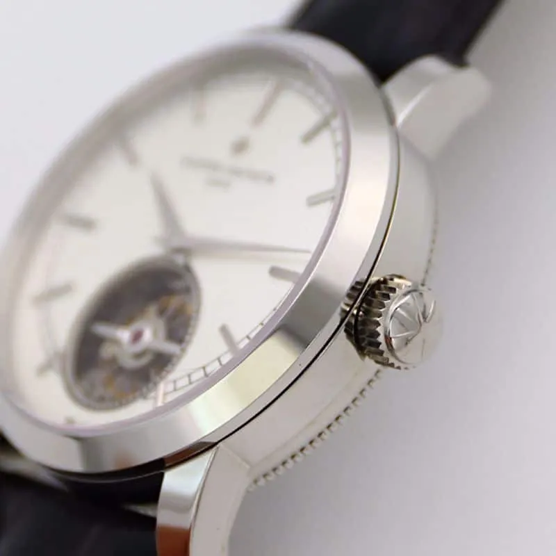 Vacheron Constantintop-tier watch Traditionnelle series tourbillonleather strapwhite dial men's watch front view