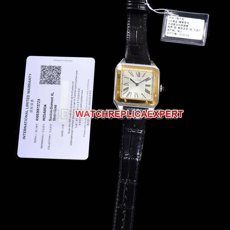 Cartier watch F1 factory Santos white dialyellow gold circle leather strap model caseback live photo