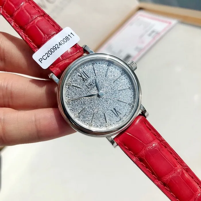 top-tier watch IWC women's white dial Portofino mechanical leather strap watch front view