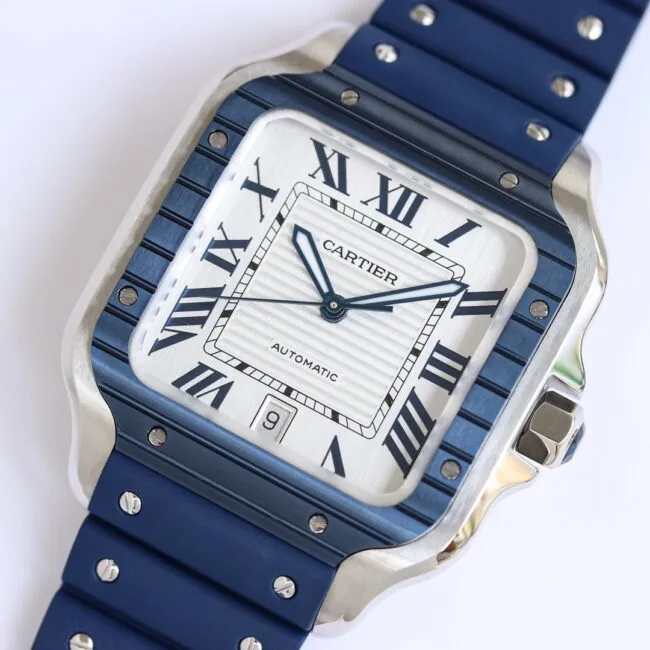 top-tiersuper cloneCartierGF Santos rubber strap men's watch front view
