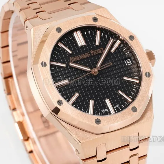 APS factory Audemars PiguetRoyal Oaksuper cloneblack dialrose goldsteel bracelet model 15510OR.OO.1320OR.04front live photo