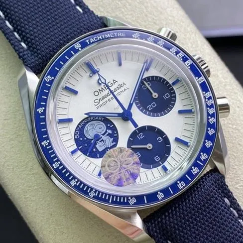Side view of Omega Speedmaster series top-tier watch celebrating Snoopy’s 150th anniversary