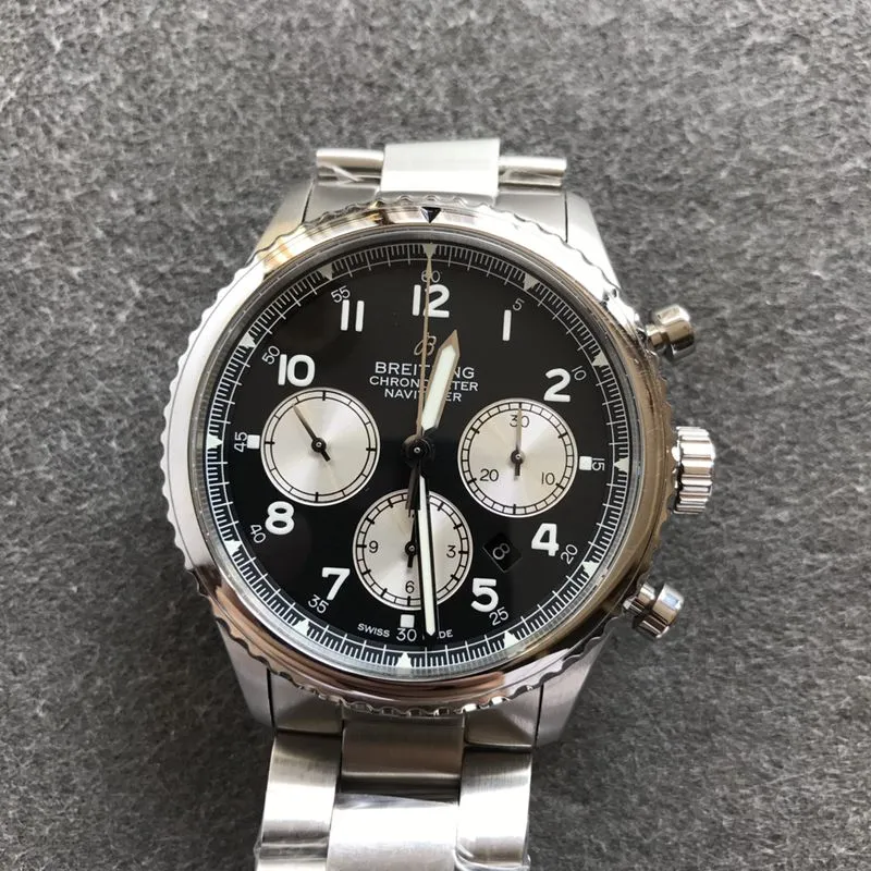 Breitlingtop-tiersuper watch pilot 8 series men's steel bracelet black dial watch front view