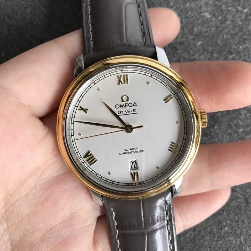 Omegatop-tiersuper watch Diefei series men's white dial gold edge leather strap mechanical watch front view