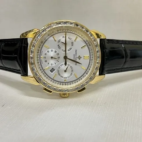 top-tier watch Patek Philippe women's white dial black belt complex chronograph function series leather strap watch front view