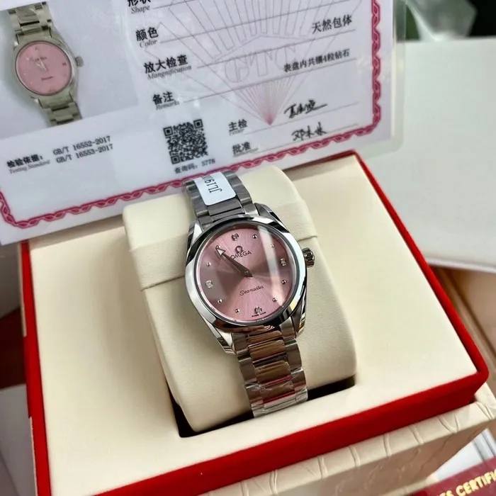 top-tier watch Omega women's pink dial Seamaster series steel bracelet watch front view