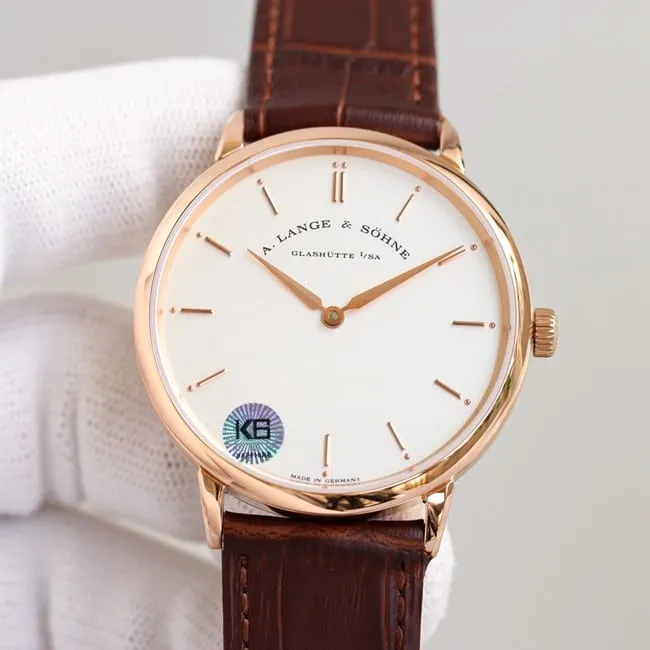 top-tier Lange SAXONIA series two-hand rose gold color steel case side view