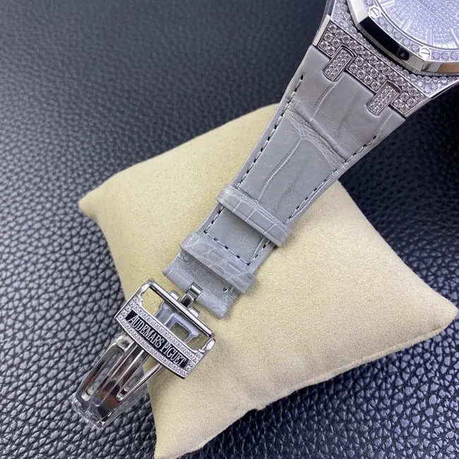 Audemars Piguettop-tier watch men's white dial gray belt Royal Oak series fully automatic movementleather strap front view
