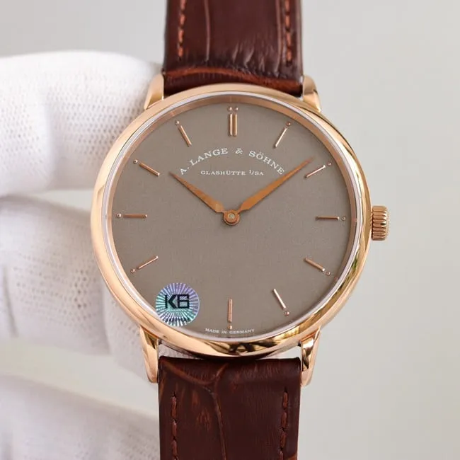 top-tier Lange SAXONIA series two-hand rose gold steel case front view