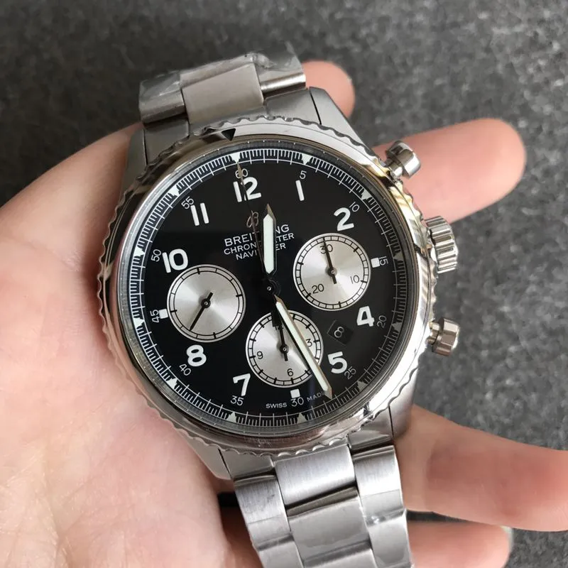 Breitlingtop-tiersuper watch pilot 8 series men's steel bracelet black dial watch front view