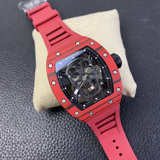 JB factory Richard Milletop-tier watch RM52-01 real tourbillon men's black dial red rubber strap skull mechanical watch side view