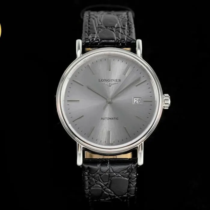 top-tier watch Longines men's gray plate black belt magnificent leather strap watch front view
