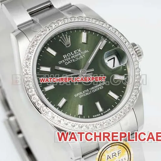 ARF FactoryRolex log 1:1super clonegreen dialdiamond bezel stick hour markers 31mm three grid link 278384front live photo