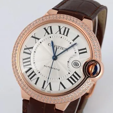 V6 factory top-tier watch Cartier men's white dial brown belt blue balloon series leather strap mechanical watch front view