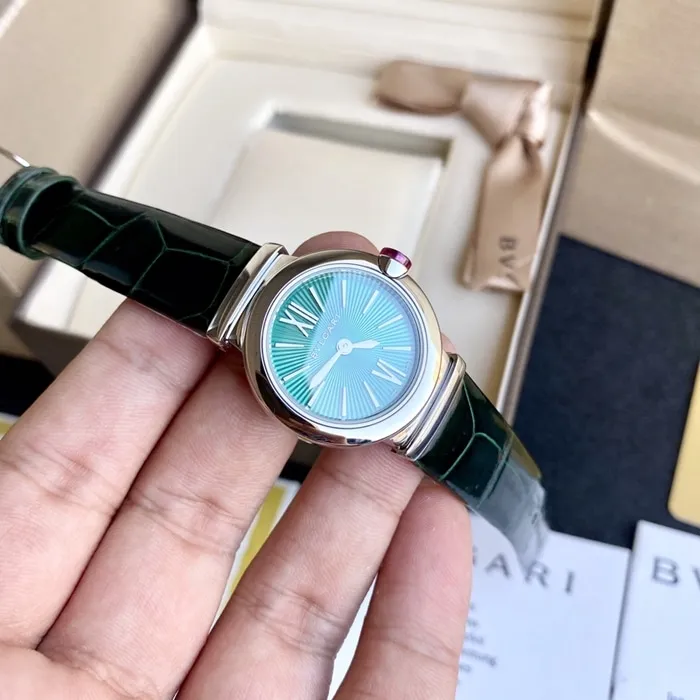 top-tier watch Bvlgari women's blue dial green strap LVCEA series quartzleather strap watch front view