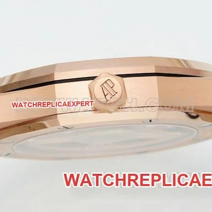collectible watch Royal OakDDF factory Audemars Piguetblack dialrose gold4302 mechanical leather bracelet15510front live photo