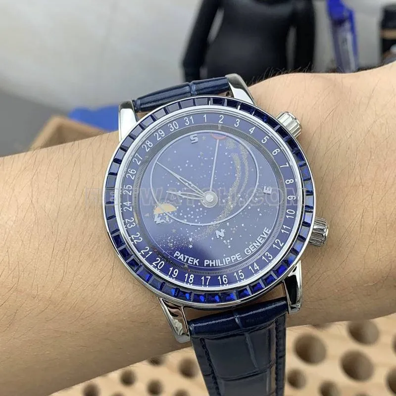 Patek Philippetop-tier watch 3K Factory super complication timepiece blue dial blue diamond bezelleather strap model clasplive photos