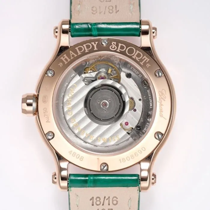 top-tier watch Chopard women's white dial green strap happy diamond series mechanical leather strap watch movement picture