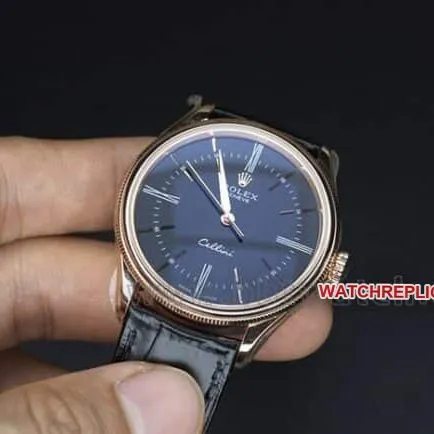 EW Factorytop-tier watch Rolex Cellini m series 50505-0008 men's blue dial black belt 18K gold watch automatic movementleather strap watch front view