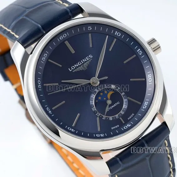 APS factory Longines watchmaking tradition super cloneblue dialmoon phaseleather strap model L2.909.4.92.0front live photo