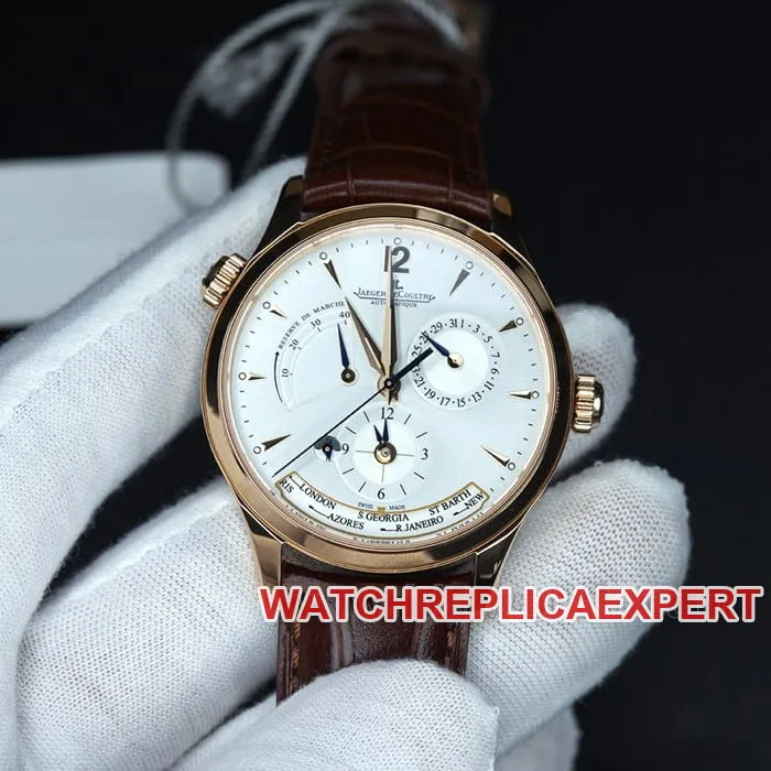 zf factory Jaeger-LeCoultretop-tier watch geography master world time men's white dial brown belt multifunctional automatic movementleather strap watch front view