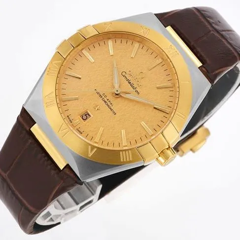 TW factory Omegatop-tier watch Constellation series men's gold plate brown band watch front view