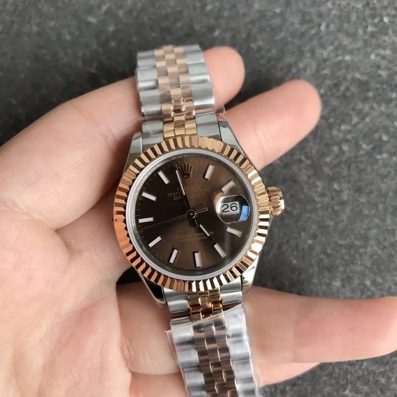 Rolex Datejust watch for women, 28mm, mechanical, with a tiger tooth bezel, rose gold case, and coffee-colored dial, front view.
