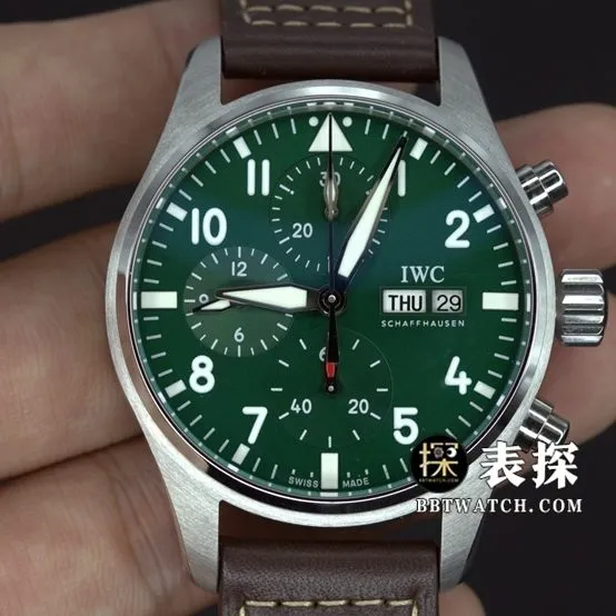 IWC pilot watch green dial white needle leather strap model pictures and prices front live photo