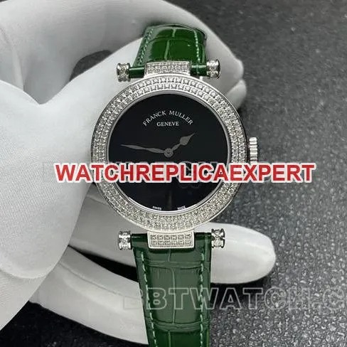 collectible watch frank mill quartz ABF factory black dialdiamond bezel green leather braceletfront live photo
