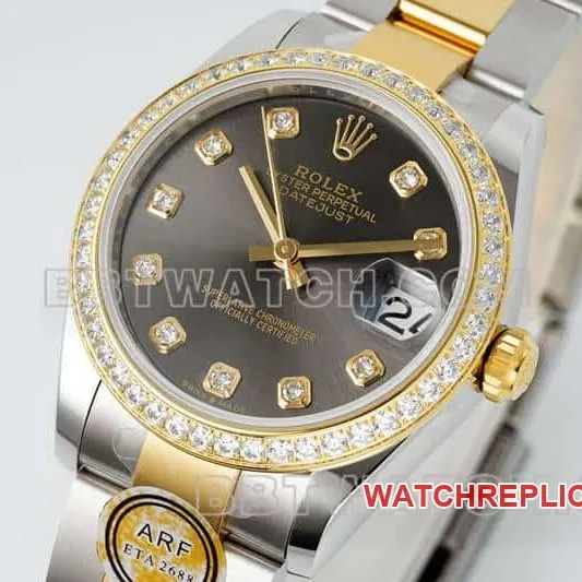 ARF FactoryRolex log top-tier dark gray plate diamond bezel31mm gold three-lattice chain link 278383front live photo
