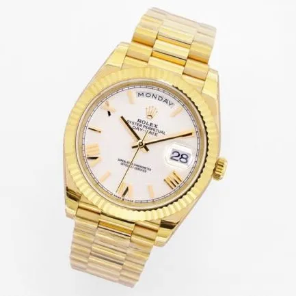 top-tier replicaRolexday displayDatejust 18K gold white dial men's mechanical watch front view