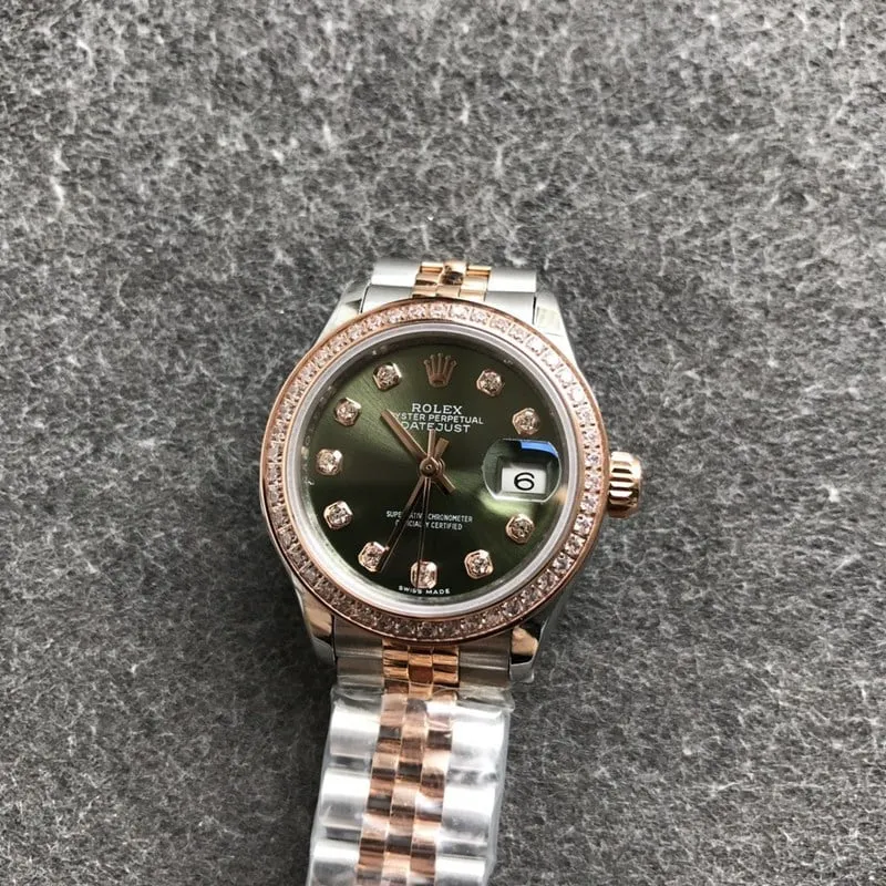 Rolex ladies watch Datejust 28mm mechanical tiger circles diamond rose gold green dial diamond hour markers front view
