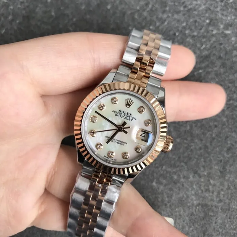 Rolex Datejust watch women's 28mm mechanical tiger tooth bezel rose gold mother-of-pearl dial diamond hour markers front view